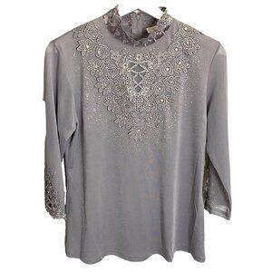 Falidal Elegant Mock‎ Neck Lace Embroidered Sequin Top Women's L Formal Party